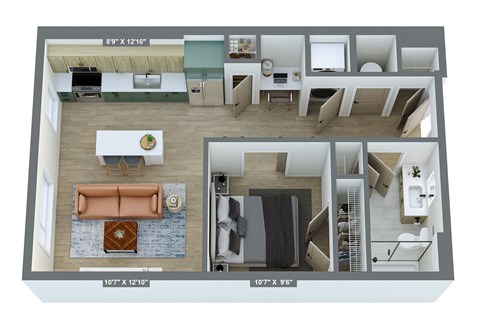 a 1 bedroom floor plan with a bathroom and a living room